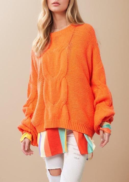 Orange Bold Cable Knit Bell Sleeves Sweater