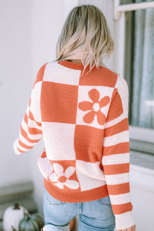 Orange Checkered Floral Striped Sleeve Sweater