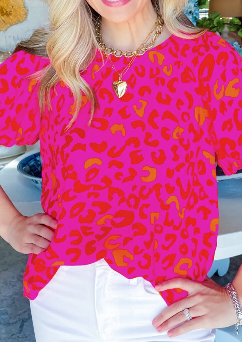 Pink Leopard Printed Puff Sleeve Blouse