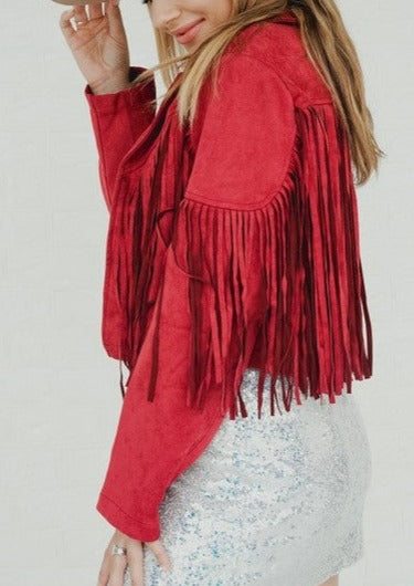 Wine Suede Western Yoke Fringe Jacket