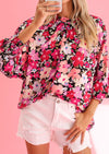Rose Floral Frilled Neck Shirred Cuffs Blouse