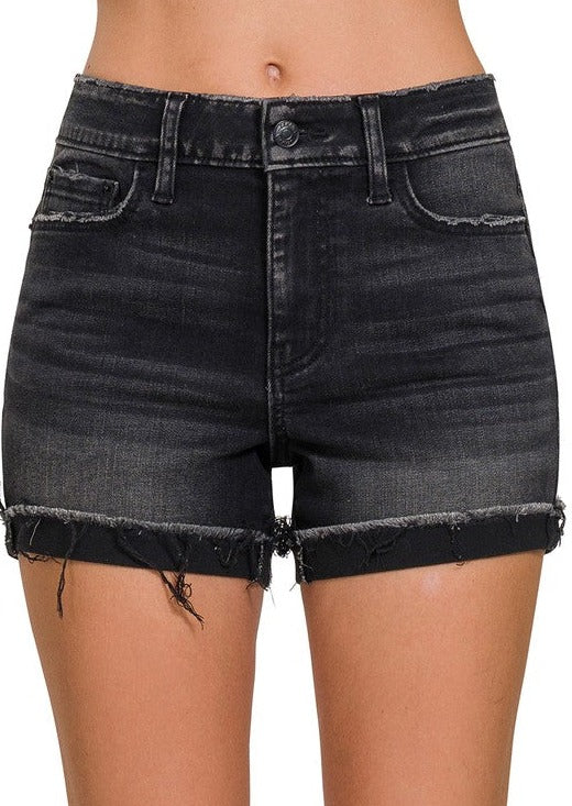 Washed Black Cuffed Raw Hem Denim Shorts