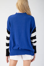 Blue Stripe Sleeve Mock Neck Top