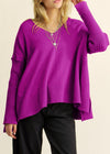 Purple Solid Ribbed Sleeve Side Slit Sweater