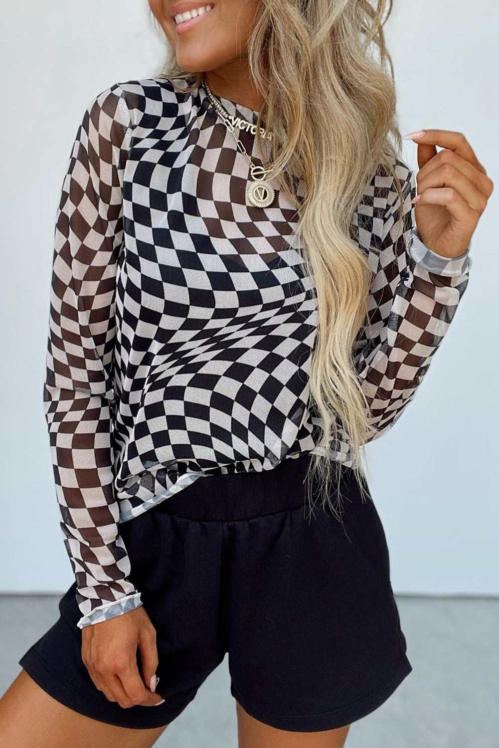 Black Checkered Mesh Top