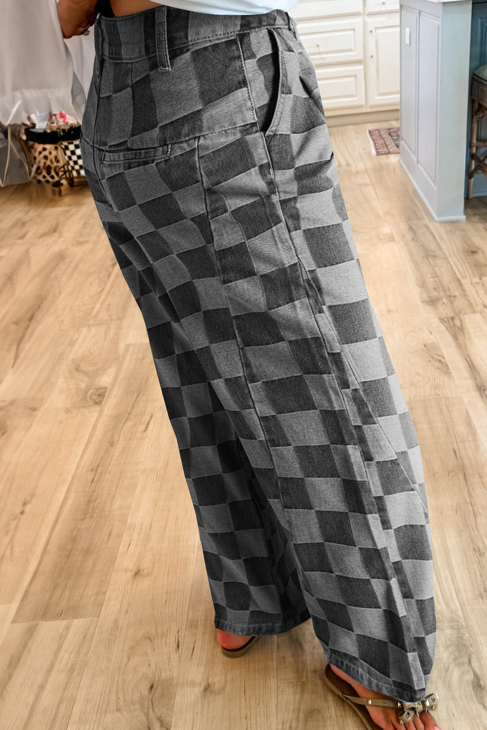 Grey Checkered Denim Wide Leg Jeans