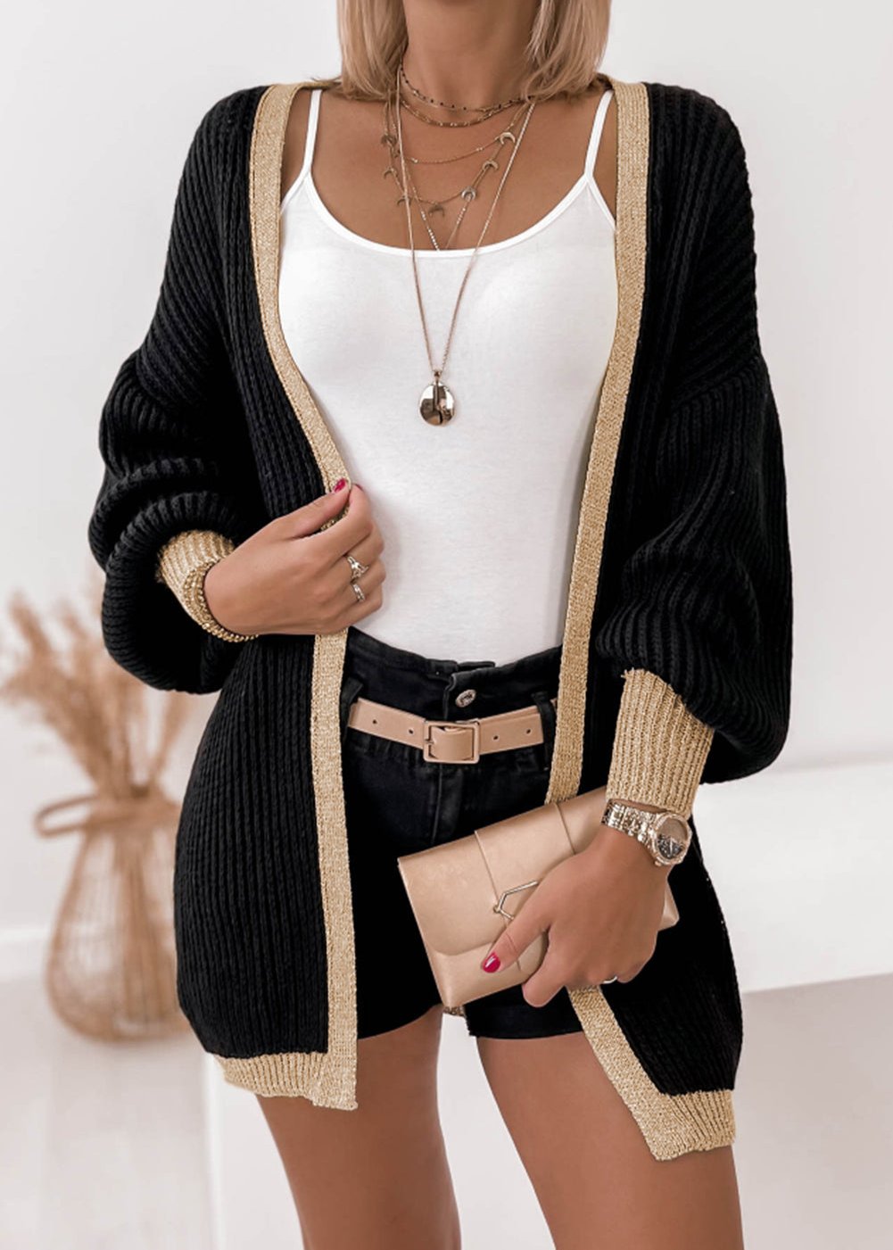 Black Contrast Trim Open Front Lantern Sleeves Cardigan