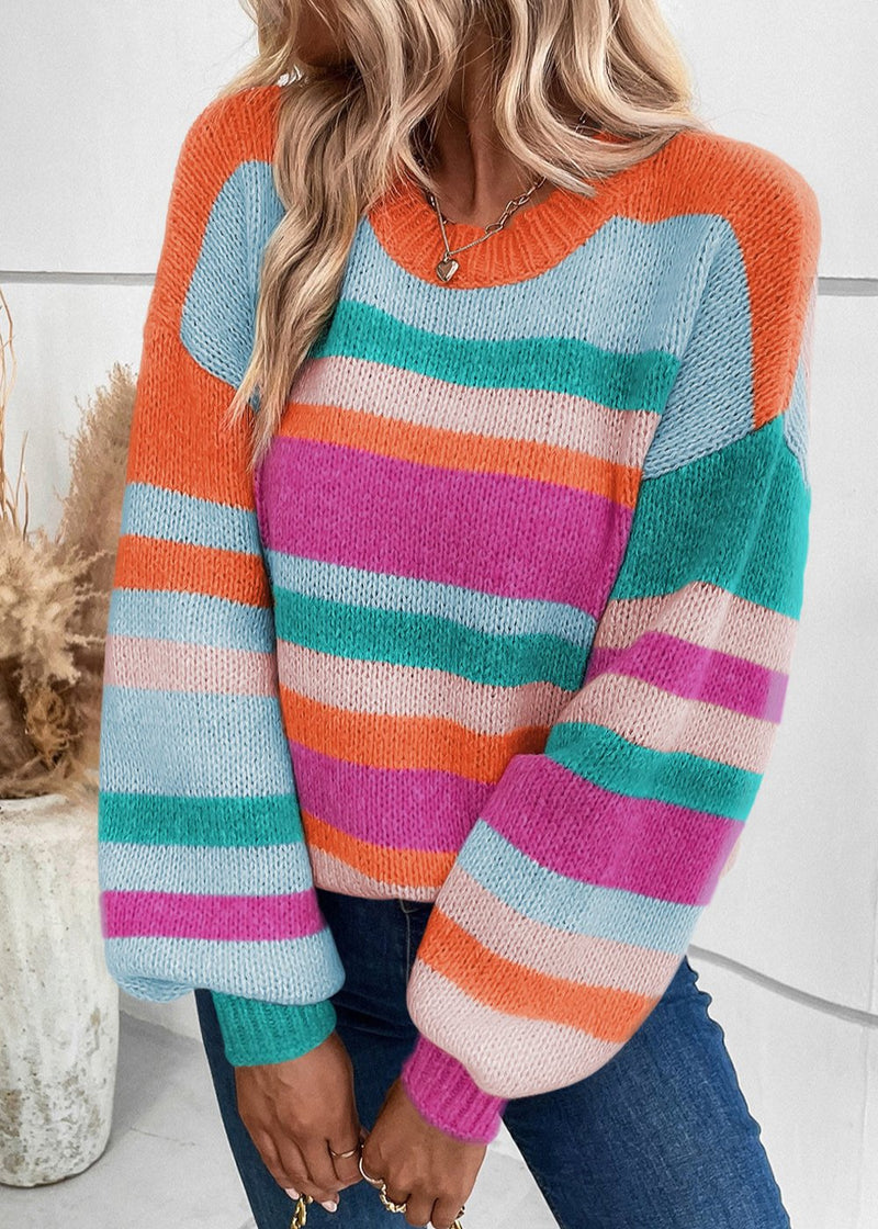 Multicolor Striped Knit Drop Shoulder Puff Sleeve Sweater