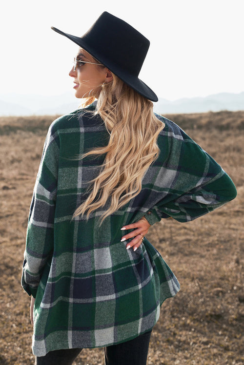 Green Plaid Print Buttoned Shirt Jacket