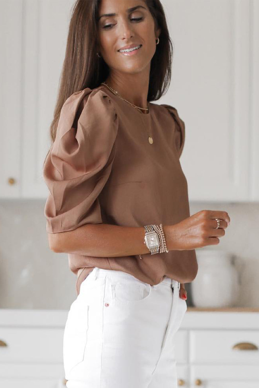 Brown Keyhole Back Puff Sleeve Blouse