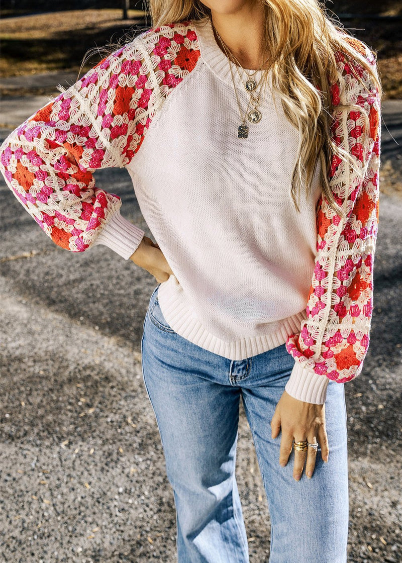 Crochet Puff Sleeve Contrast Knit Sweater