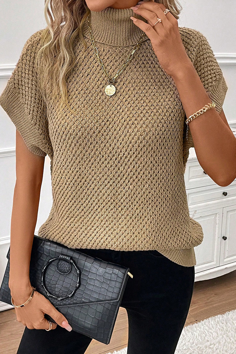 Khaki Turtleneck Textured Short Sleeve Sweater