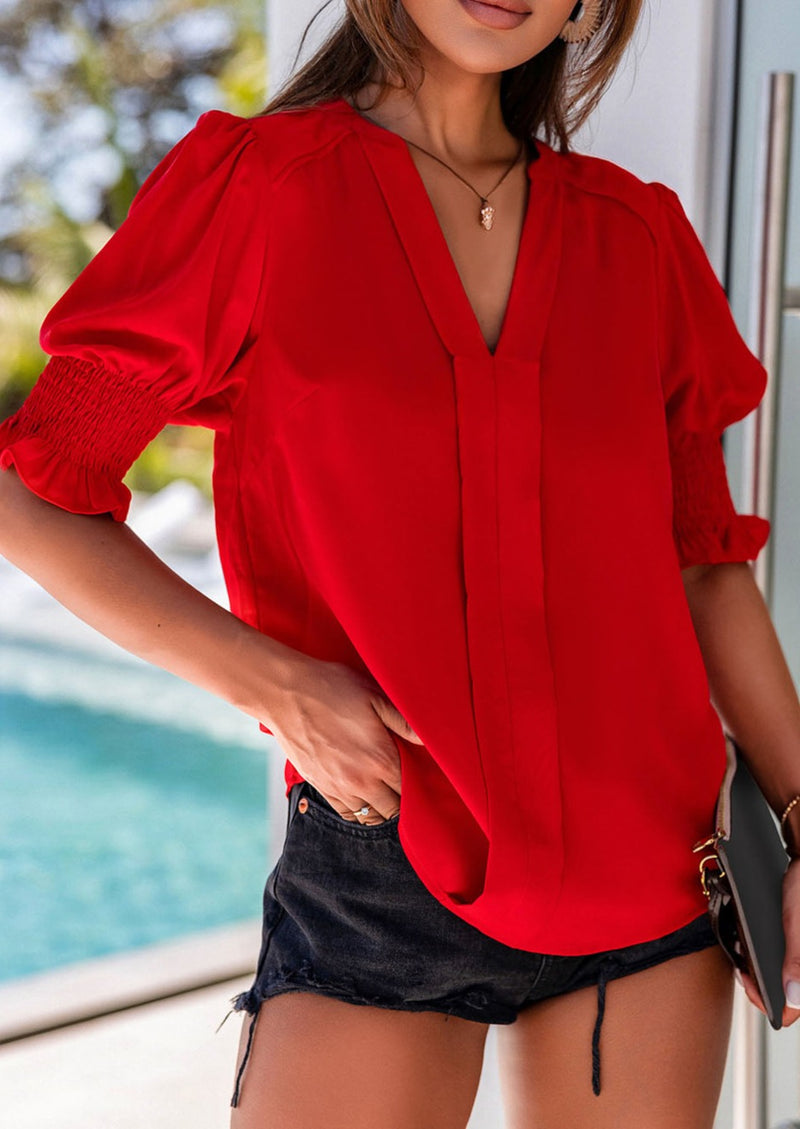 Red Solid Color Half Sleeve V Neck Blouse