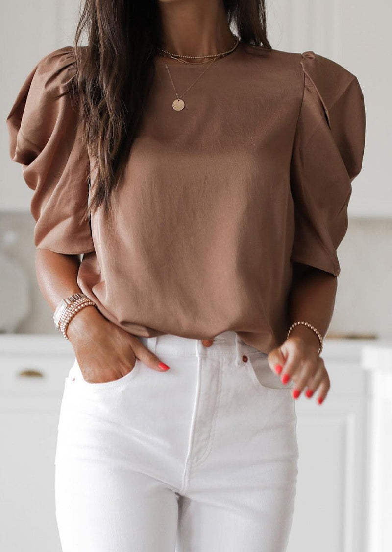 Brown Keyhole Back Puff Sleeve Blouse