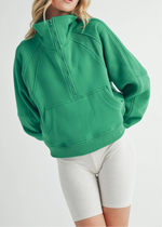 Green Funnel Neck Half Zip Pullover