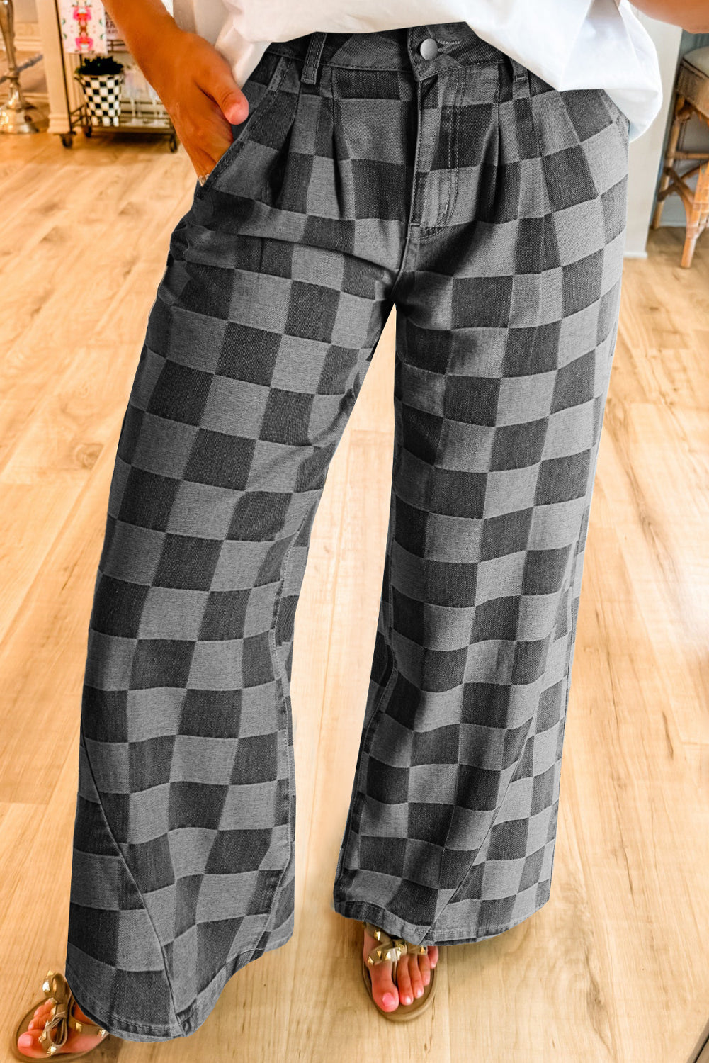 Grey Checkered Denim Wide Leg Jeans