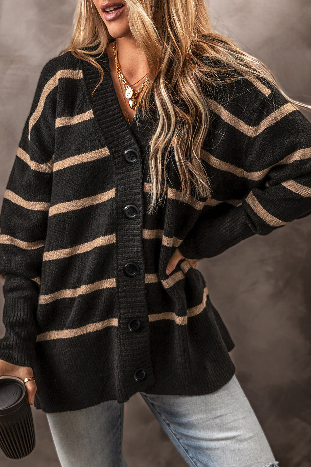 Black Stripe Buttoned  Drop Shoulder Loose Cardigan