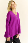 Purple Solid Ribbed Sleeve Side Slit Sweater