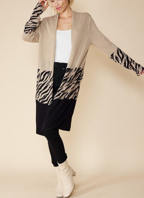 Colorblock Open Front Long Cardigan