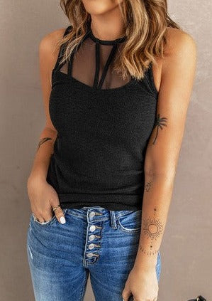 Black Strappy Mesh Splicing Ribbed Tank Top