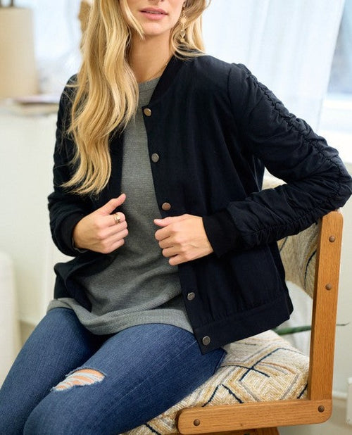 Black Shirred Sleeve Bomber Jacket