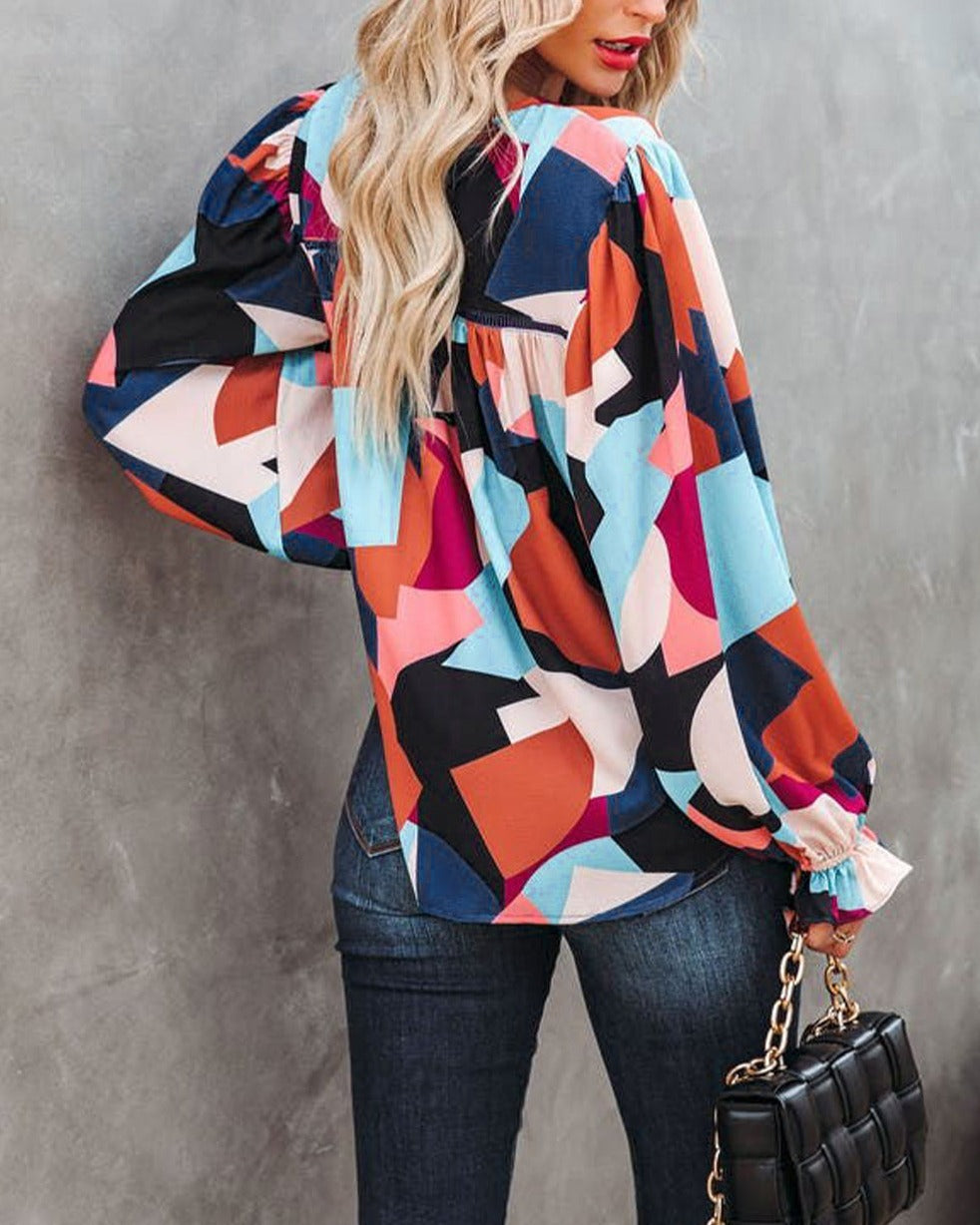 Abstract Crewneck Ruffled Blouse