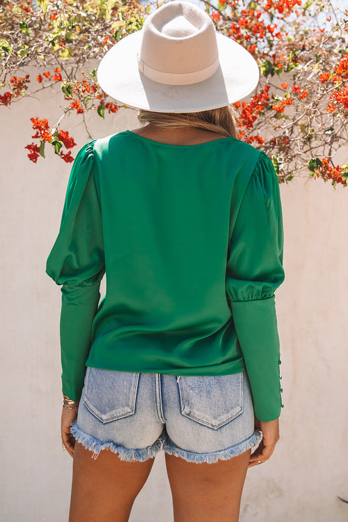 Green Satin Cuffed Sleeve Blouse