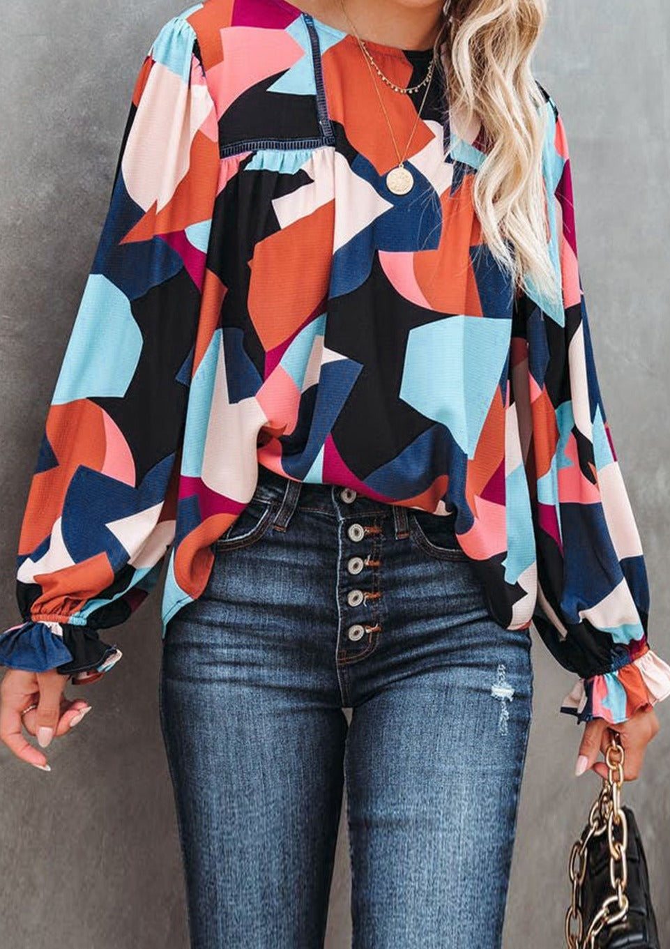 Abstract Crewneck Ruffled Blouse